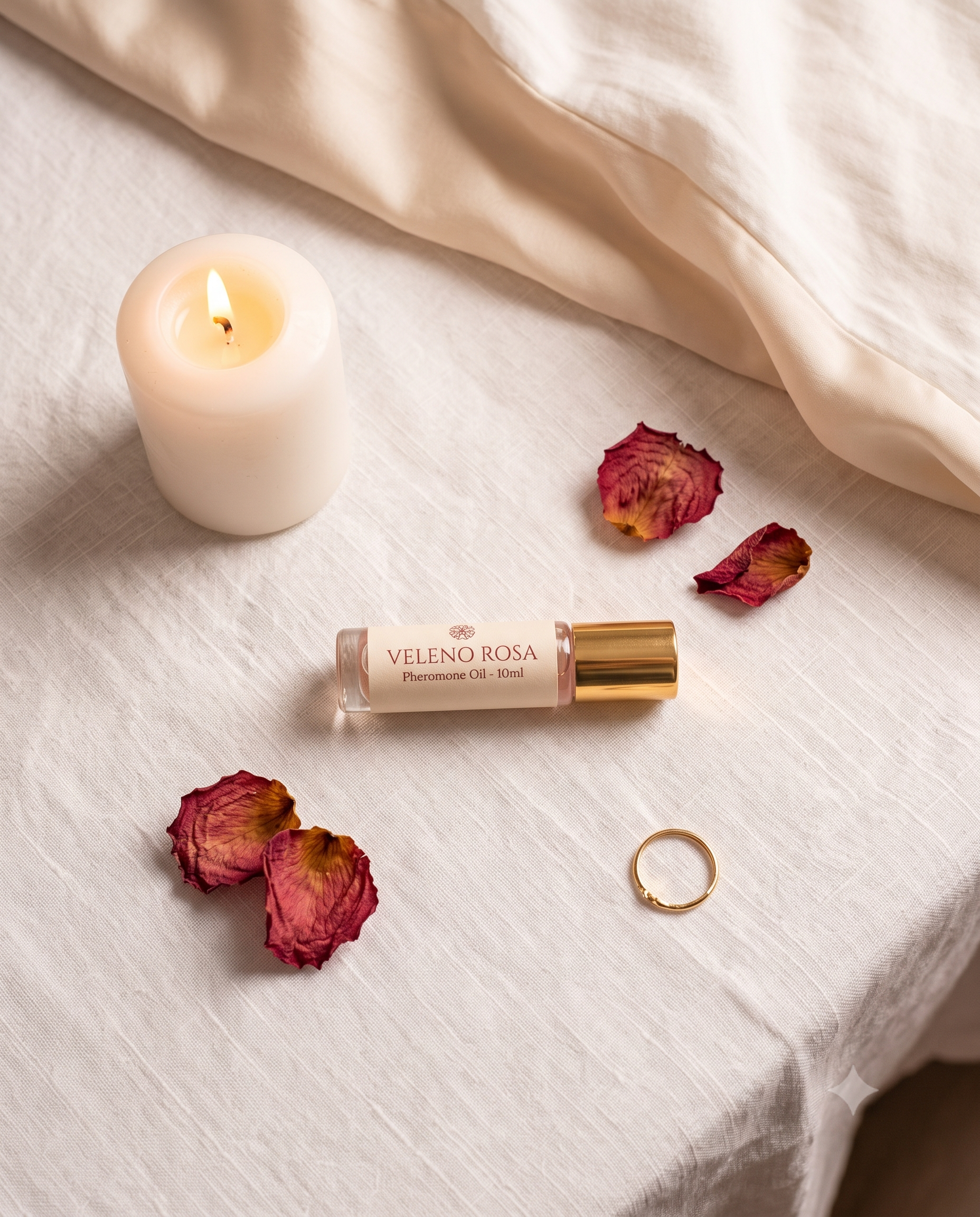 Flat lay — flacon + bougie + petales + anneau dore